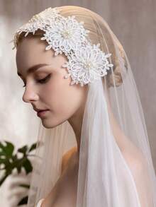 Bridal Veil Lace Flower Pearl Wedding Veil Soft Tulle Wedding Veil Without Comb - Off White - View 2