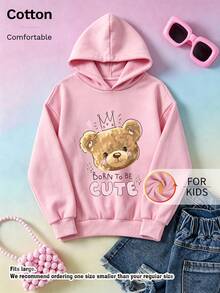 Kids Casual Long Sleeve Cartoon Bear Letter Graphic Hoodie With Drawstring, Drop Shoulder Pullover Sweatshirt For Fall Streetwear - Pink - View 1