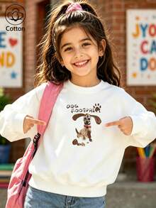Kids Crewneck Sweatshirt With Cute Cartoon Dog Print And 'DOG FOOTPRINT' Text, Casual White Cotton Pullover For Children - White - View 10