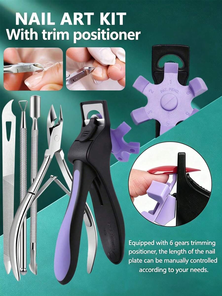 Manicure Nail Art Kit With 6-Gear Trim Positioner, Professional Stainless Steel Nail Clipper Cuticle Nipper Nail File Cuticle Pusher Set, DIY False Nail Trimming Tools For Home Salon Nail Care - Multicolor - View 1