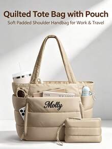 1PC Embroidered Customized Text Winter New Cotton Padded Gift Bag, Commuter Shopping Shoulder Bag, Fashionable Diamond Pattern Large Capacity Solid Color Down Cotton Casual Bag, Gift For Friends, Mom For New Year And Christmas - Multicolor - View 3