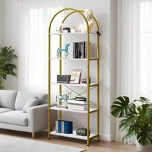 Estantería Arqueada Estrecha de 4 o 5 Niveles, Estructura de Metal con Estantes Abiertos y Acabado Efecto Madera, Ideal para Organización y Exhibición en Salón, Dormitorio u Oficina - Dorado - Ver 1
