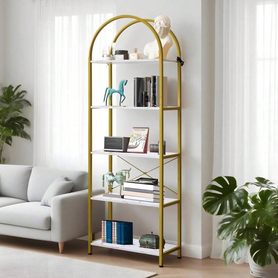 Estantería Arqueada Estrecha de 4 o 5 Niveles, Estructura de Metal con Estantes Abiertos y Acabado Efecto Madera, Ideal para Organización y Exhibición en Salón, Dormitorio u Oficina - Dorado - Ver 1