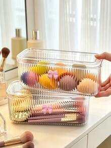 Clear Vertical Strip Flip Storage Box, Dustproof Makeup Brush Beauty Sponge Organizer, Press On Nail Container, Hair Tie Hair Clip Holder, Multifunctional Cosmetic Storage Case For Vanity Desktop - Multicolor - View 9