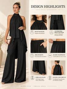 Women's 2-Piece Set, Elegant Solid Color Front Short Back Long Twist Halter Neck Top And Long Pants, Suitable For Party, Vacation, Street, Date In Spring/Summer Black - Black - View 4