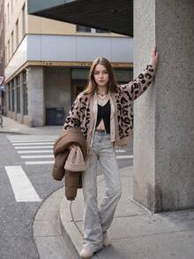 Women's Leopard Print Knit Cardigan Sweater, Tie Front, Long Sleeve, Regular Length, Medium Stretch, Autumn Open Front Top - Brown - View 2