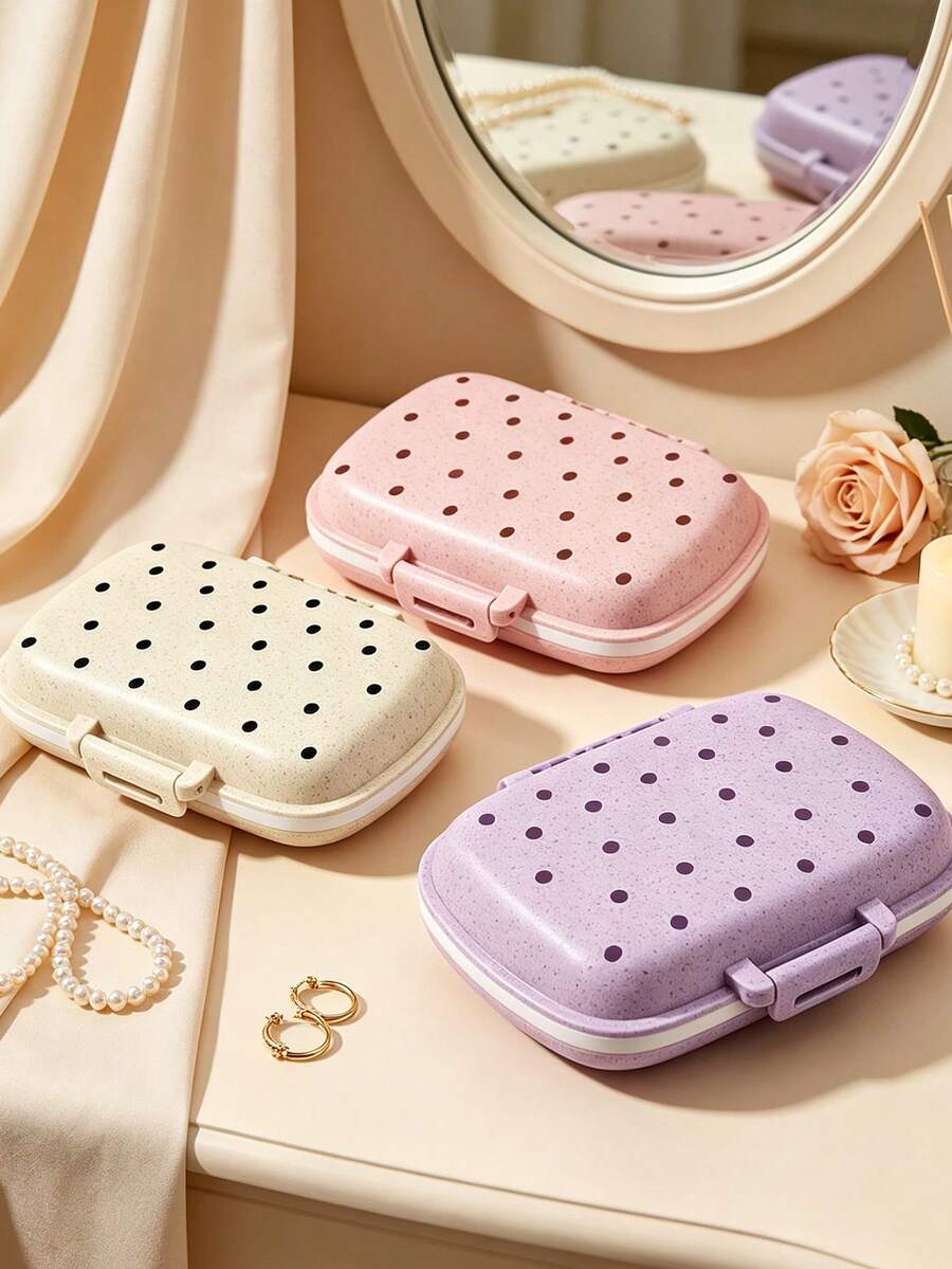 Travel Polka Dot Jewelry Storage Box/Pill Box, Portable Sealed Pill Case - With Polka Dot Pattern, Easily Fits In Pocket, Handbag And Wallet, 8-Compartment Pill Storage Box, Top Choice For Nurses Day Gift, Portable Medication Manager For Daily, Outdoor And Dorm Use, Multi-Functional Fabric First Aid Bag Designed For Health-Conscious Frequent Travelers, Suitable For Travel And Outdoor Activities - Multicolor - View 1