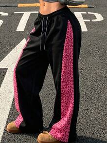 Women's Wide-Leg Pants With A Color-Blocked Leopard Print, Perfect For Casual Street Style Or Everyday Wear. - Black - View 3