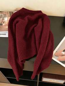 Plus Size Women's Solid Color Long Sleeve Single-Breasted Casual Knit Cardigan - Burgundy - View 2