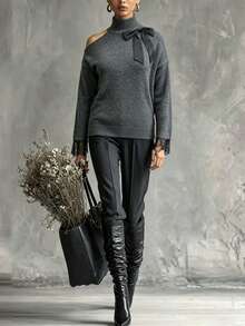 Plus Size Autumn/Winter Cold Shoulder High Neck Sweater, Detachable Bow Decor Lace Cuff Long Sleeve Loose Knit Pullover - Dark Grey - View 4