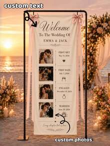 Personalized Fabric Wedding Timeline Sign, Custom Couple Photo Welcome Banner, "Love Story" Wedding Decor, Linen Wedding Welcome Sign - Multicolor - View 1