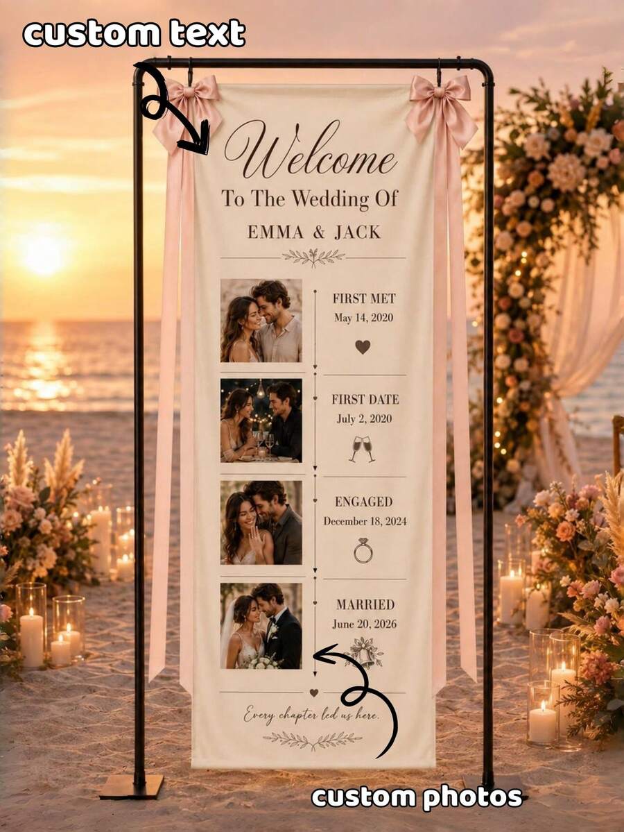 Personalized Fabric Wedding Timeline Sign, Custom Couple Photo Welcome Banner, "Love Story" Wedding Decor, Linen Wedding Welcome Sign - Multicolor - View 1
