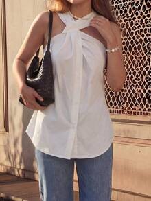 Women's Asymmetrical Twist Neck Halter Sleeveless Top White Summer - White - View 6
