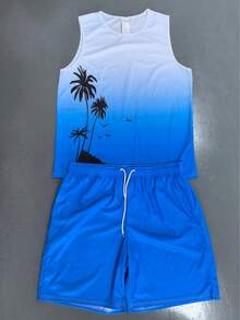 Men's Casual Vacation Coconut Tree Print Tank Top & Shorts Beach Set - Multicolor - View 5
