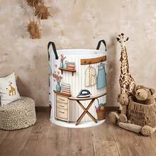 Foldable Laundry Basket, Cartoon Laundry Room Iron And Clothes Printed Storage Box, Round Dirty Clothes Hamper For Bathroom And Bedroom Home Decor - White Washing Machine - View 3