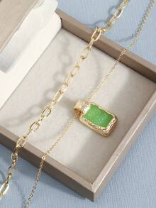 1 Set Luxury Double Layer Stacked Green Square Pendant Necklace For Women, Thick Chain With Raw Stone Pendant, Collarbone Chain, Vacation Wedding Party Accessory - Multicolor - View 2