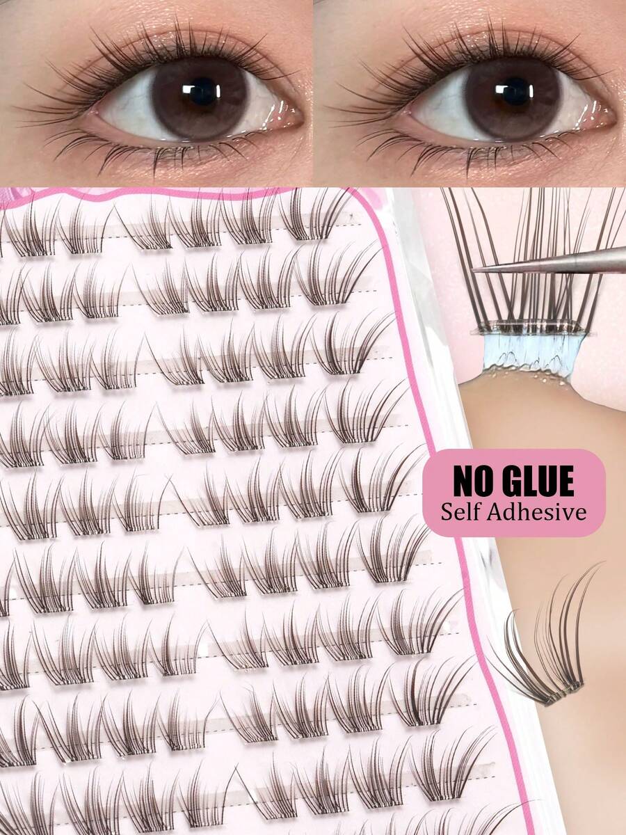 80pcs Black & Brown Self-Adhesive False Eyelash Clusters, C Curl, Transparent Stem, No Glue Needed, Press-On DIY Eyelash Extensions, Reusable, Suitable For Beginners, Suitable For All Occasions, False Eyelashes, Glue-Free Eyelashes - C - View 1