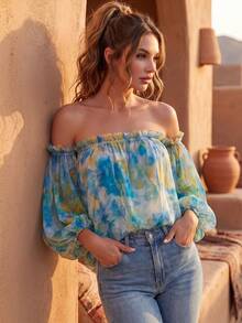 Women's Full Floral Print Casual Versatile Daily Vacation Beach Holiday Fashion Sexy Off-Shoulder Top - Blue - View 2