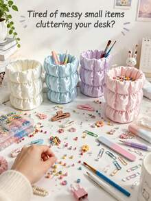 2-Piece 3D Printed Satin Bow Jewelry Storage Tray And Bead Tool Storage Tube Set, Wrinkled Smooth Vanity Desktop Organizer Box, Cute Storage Container For Necklaces, Rings, Makeup Brushes, Sweet Gift For Women And Girls - Multicolor - View 2
