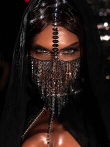 1pc Bohemian Sexy Rhinestone Mask, Mysterious Fringe Accessory For Women's Banquet, Costume Party, Holiday Jewelry - Black - View 2
