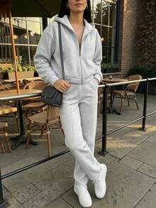 Plus Size Women Loose Comfortable Casual White Sports Fleece 2 Pieces Set, Including Zip-Up Hoodie Sweatshirt Jacket And Straight Leg Pants, Suitable For Daily Warm Wear - Light Grey - View 6