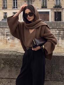 NOVELLE Women's Brown Cape V-Neck Knit Sweater, Autumn Winter Wide Sleeve Drop Shoulder Loose Drape Lazy Pullover Top, Commute, Dating And Shopping - Brown - View 3