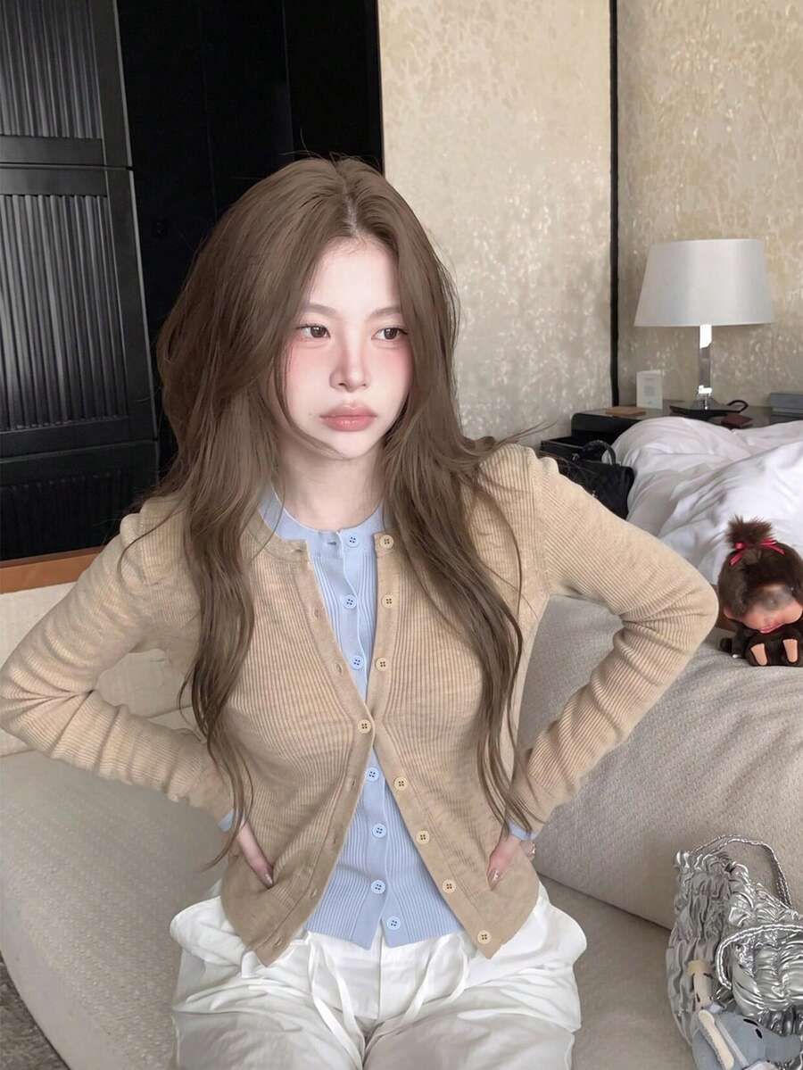 Cardigan Rajut Wol 2 in 1 Gaya Korea Model Slim Fit Berlapis untuk Wanita dengan Blok Warna
