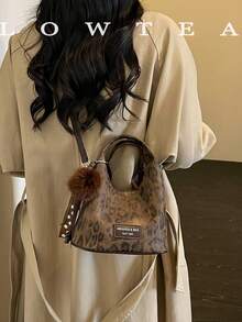 low tea 1pc Minimalist Small Bucket PU Fabric Handbag, Suitable For Commuting, Shopping, Etc. (With Pendant) - Coffee - View 13