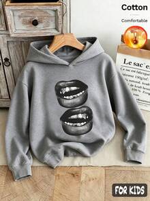 Autumn/Winter 3 Pieces Set Girls Hooded Fleece Sweatshirt Long Sleeve Big Lips Print With Teeth Detail Y2K Style - Heather Gray+Heather Gray+Heather Gray - View 3