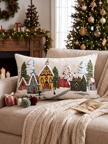 1pc Christmas Pillow Cover With Festive Tree, Snowman, Gingerbread Man Or Winter Village Design, Seasonal Decorative Throw Cushion Case For Sofa, Bedroom And Living Room Holiday Home Decor, Pillow Insert Not Included - Multicolor - View 10