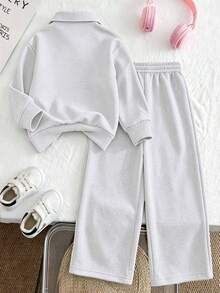 2pcs Girls Outfit Set, Includes Half-Zip Polo Sweatshirt (Embroidered 23 Number) And Loose Wide Leg Pants, Casual Style Autumn/Winter Set - Light Grey - View 3