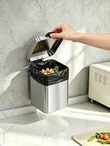 Stainless Wall Mounted Trash Can With Lid Open, Trash Can With Manual Opening, Paper Basket Applicable To The Kitchen Bathroom, Garage Cafe Graduation Gift Kitchen Accessories, Room Decoration Color And Style Random - Multiple Styles - View 10