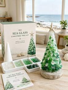 1 Set DIY Sea Glass Christmas Tree Kit, Handmade Coastal Sea Glass Tree With Starfish Topper, Beach Nautical Style Desktop Mini Christmas Tree Decor, Ocean Theme DIY Handmade Set, Home Desktop Holiday Ornament - Multicolor - View 15