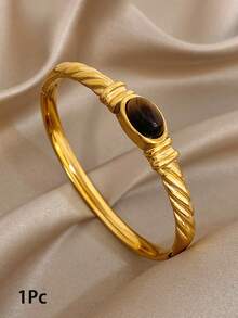 1Pc Retro Twisted Rope Oval Tiger Eye Stone Stainless Steel Bangle Bracelet,Gold Jewelry For Women,Daily,Party,Boho,Y2K,Christmas Gift,Halloween/Fall - Multicolor - View 9