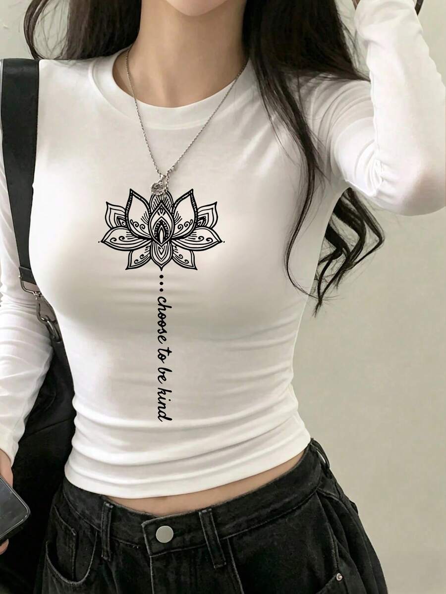 New Gen Z Y2K Short Long Sleeve T-Shirt Women's Design Print Spring Autumn Korean Style Round Neck Versatile Casual Slim Fit Top - White - View 1