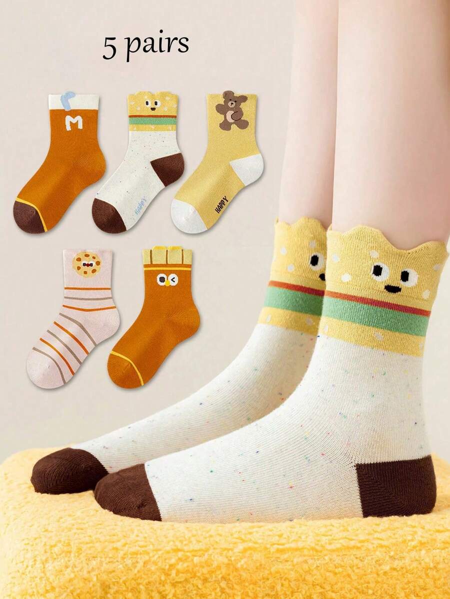 5 Pasang Kaos Kaki Anak Motif Hamburger Kartun, Kaos Kaki Anak Laki-laki dan Perempuan yang Nyaman dan Lucu, Gaya Modis, Musim Semi, Gugur, dan Dingin - MultiWarna - View 1