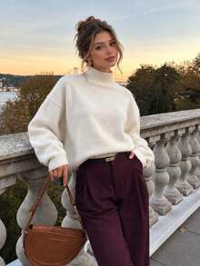 Women's Square Neck Cold Shoulder Lantern Sleeve Knit Sweater, Casual Loose Pullover, Suitable For Women, Suitable For Autumn/Winter - Apricot - View 2