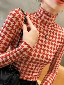 Autumn/Winter Elegant Layering Base Top, Fashionable High Neck Houndstooth Knit Sweater, Casual Vacation Style, Red - Red - View 3