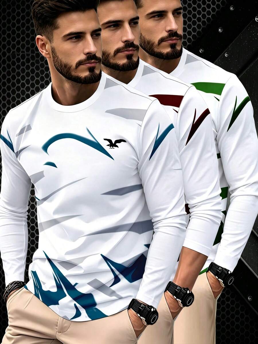 3pcs Men's Breathable Casual Long Sleeve Printed T-Shirts, Suitable For Daily Wear, Suitable For Outdoor Activities - Multicolor - View 1