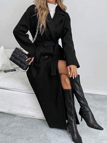 Women's Black Long Sleeve Woven Long Coat, Suitable For Autumn/Winter Wear, Non-Stretch Trench Coat - Black - View 8
