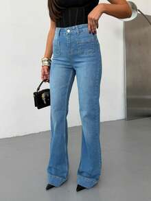 Women's High Waist Front Patch Pocket Flared Jeans - Baby Blue - View 4