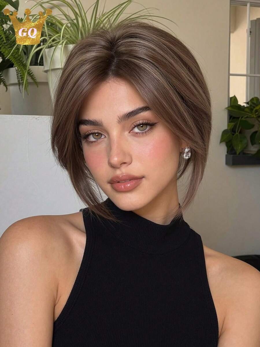 Brown Blonde Highlight Short Layered Pixie Wig For Women, 8 Inch Natural Looking Bob Wig With Side Bangs, Synthetic Heat Resistant Wig For Daily Wear Office Dating, Elegant And Tasteful