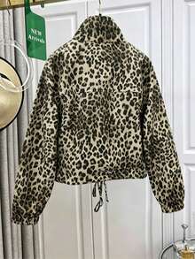 European And American Popular Women's Fashion Casual Street Style Leopard Print Pocket Zipper Stand Collar Short Jacket Coat Suitable For Spring Autumn Winter - Apricot - View 2