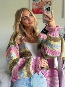 SEREN Women's Y2K Elegant Cute Multi-Color Striped Chunky Knit Cardigan Sweater, Casual Outfit For Outings, Autumn/Winter - Multicolor - View 2