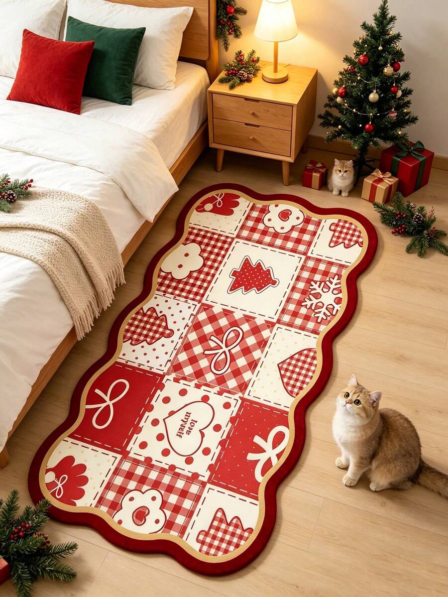 1pc Christmas Red & White Patchwork Shaped Doormat, Welcome Mat, Christmas Tree Bow Heart Plaid Carpet, Rug, Christmas Rug, Bedroom Carpet, Area Rug - Multicolor - View 1