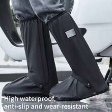 High-Top Rain Shoe Covers, Thickened Waterproof Rain Boots, Creative Waterproof Motorcycle Riding Bicycle Rain Boots, Rain Shoe Covers, Rain Boot Covers, Unisex Adult Shoe Covers, Wear-Resistant High-Top Style, Designed For Rainy Days, Rainproof, Waterproof, Thickened Design - Black - View 2