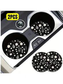2pcs Daisy Leaf Pattern Absorbent Car Cup Coasters - Women's Car Interior Accessories, Suitable For Car And Home Desktop Cup Coasters - Black and White - View 3