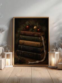 1pc Framed Canvas Wall Art Decor, Vintage Stacked Christmas Books And Pine Branch Ornament Print, Dark Academia Rustic Holiday Wall Hanging, Aesthetic Atmosphere Home Decor, Modern Home Decoration, Room Decor, Dorm Decor, Bedroom Decor, Bathroom Decor, Kitchen Decor, Dining Room Decor, Living Room Decor, Office Decor - Books - View 10