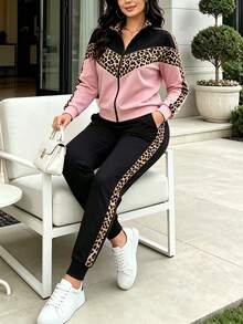 Spring Autumn Winter New Fashion Color Block Leopard Print Lapel Long Sleeve Top And Pants 2 Pieces Set, Autumn Fashion Targetfinds Winter Clothing - Pink+Black - View 4
