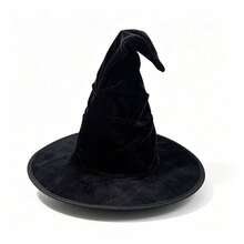 Halloween Black Velvet Witch Hat With Hood And Long Cape Set, Party Cosplay And Dark Wizard Costume Accessories - Black - View 26